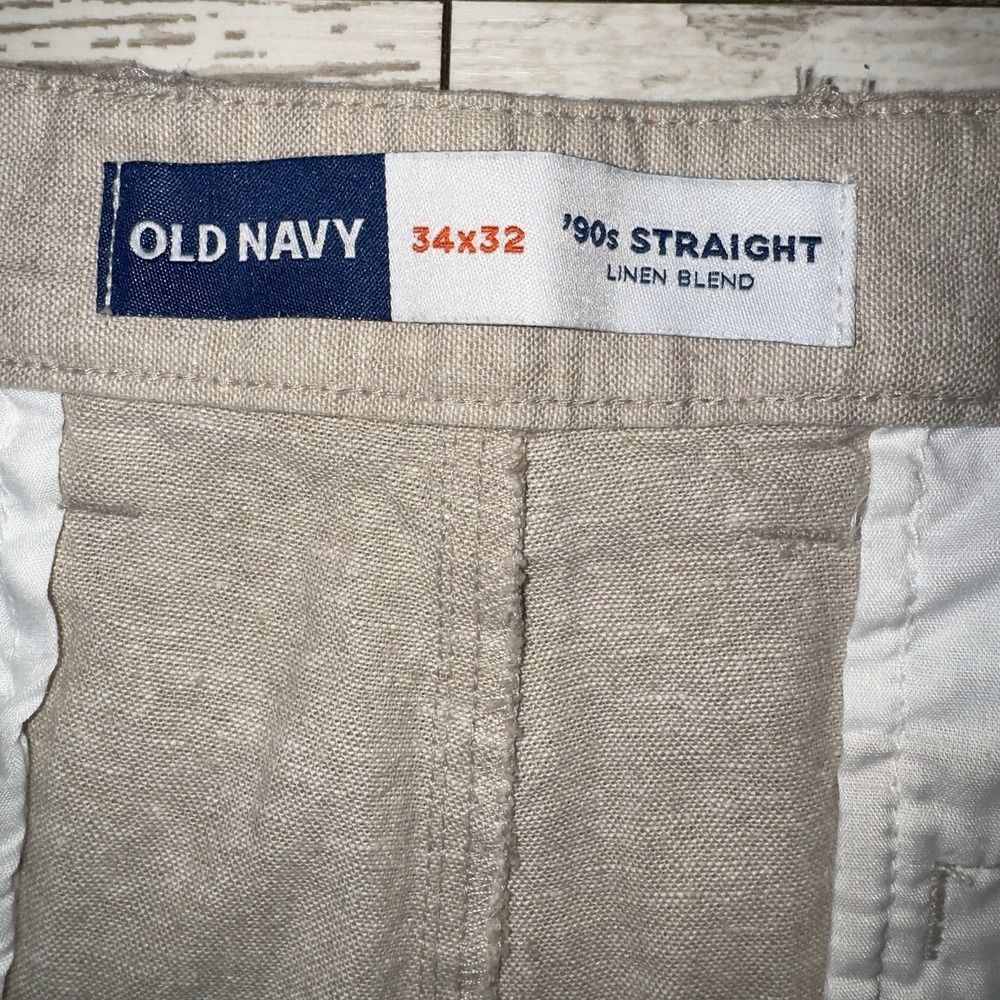 Old Navy Pants Mens 34x32 Beige 90s Straight Linen Blend Chino New Flat Front - Picture 8 of 12